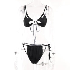 Cross front solid hollow out self tie backless cami pant set