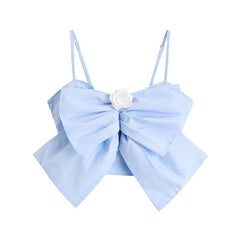 Rose applique ruched smocked solid bowknot cami top