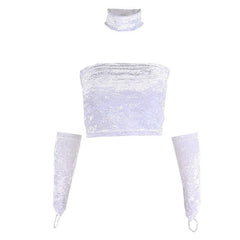 Fluffy gloves solid beaded backless tube crop top