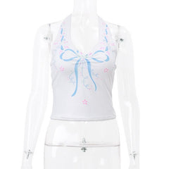 Lace up v neck bowknot pattern halter backless top