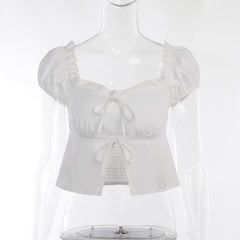 Smocked puff sleeve solid ruffle slit backless crop top