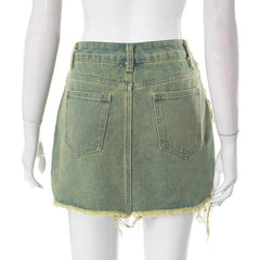 Raw hem contrast low rise denim mini skirt