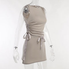 Drawstring solid ruched sleeveless lace up mini skirt set