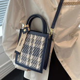 Knitted plaid contrast PU leather crossbody purses bag