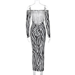 Zebra print off shoulder long sleeve contrast maxi dress