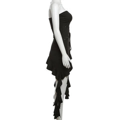 Lace up solid ruffle backless irregular tube mini dress