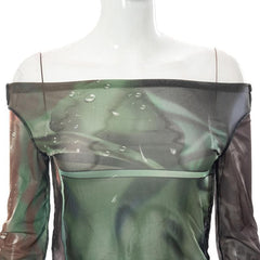 Long sleeve off shoulder sheer mesh see through print top