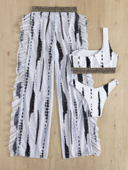 Tie dye ruffle padded one shoulder o ring contrast 3 piece swimwear