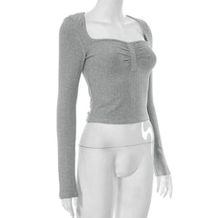 Square neck solid long sleeve ruched top