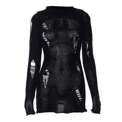 Crochet hollow out solid long sleeve mini dress