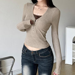 Button contrast patchwork long sleeve top