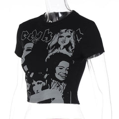 Comic pattern contrast short sleeve crewneck crop top