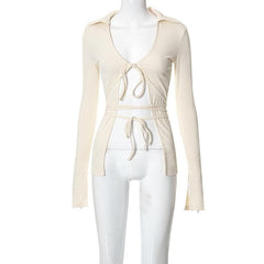 Turnover collar solid long sleeve self tie v neck crop top