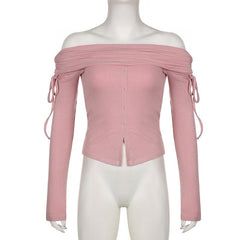 Ribbed long sleeve drawstring off shoulder solid button top