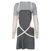 Mesh long sleeve contrast cross front hollow out mini dress - Final Sale