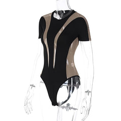 Mesh patchwork short sleeve contrast bodysuit
