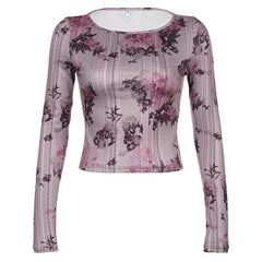 Flower print contrast round neck long sleeve top