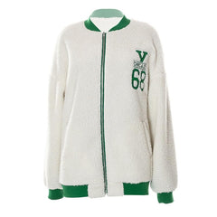 Fluffy embroidery contrast zip-up long sleeve coat