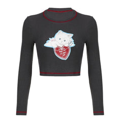 Cat pattern stitch contrast long sleeve crewneck top