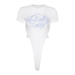 Crewneck short sleeve print hollow out bodysuit