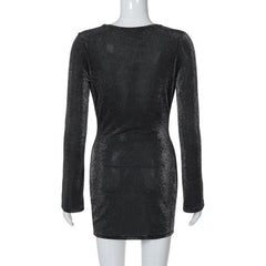 Long sleeve cowl neck ruched glitter solid mini dress