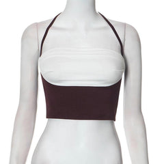 Patchwork halter contrast self tie backless crop top