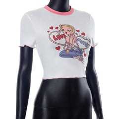 Comic pattern contrast short sleeve ruffle crewneck crop top