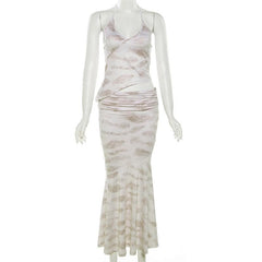 Halter irregular v neck ruched backless contrast print maxi skirt set
