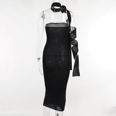 Flower applique solid lace up ribbon tube midi dress