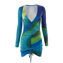 Contrast print drawstring long sleeve v neck ruched mini dress