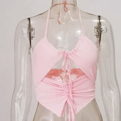 Double layered halter drawstring hollow out ruched solid crop top