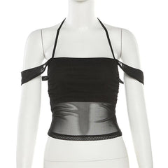 Mesh off shoulder halter solid backless ruched top