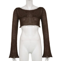 Long flared sleeve boat neck knitted crochet crop top