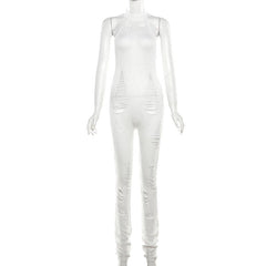 Crochet solid hollow out backless halter sleeveless jumpsuit