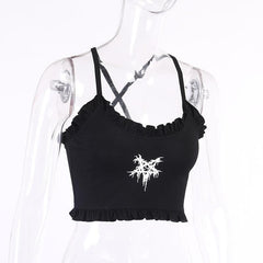 Cross back ruffle backless star pattern crop top