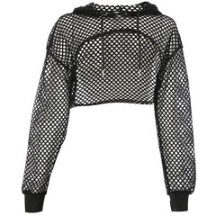 Fishnet hollow out solid long sleeve hoodie shrug top