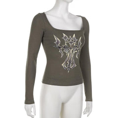 Square neck abstract long sleeve contrast top