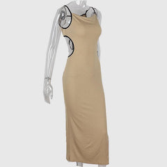 Ribbed contrast hollow out self tie backless slit cami midi dress