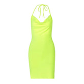 Solid cowl neck halter backless slit mini dress