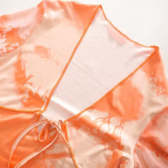 Flared sleeve tie dye self tie contrast v neck mini dress