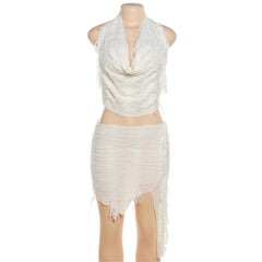 Cowl neck textured halter backless irregular tassels mini skirt set