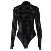 Textured striped long sleeve gloves high neck bodysuit