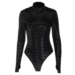 Textured striped long sleeve gloves high neck bodysuit