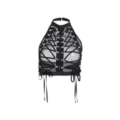 Mesh see through lace up open back metal ring open back top