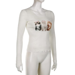 Cat pattern long sleeve round neck textured ruffle top