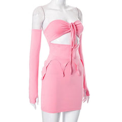 Halter self tie backless gloves hollow out 2-way mini skirt set