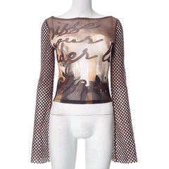 Fishnet long sleeve hollow out mesh contrast top