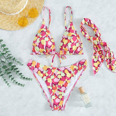 Contrast print self tie backless 3 piece swimwear