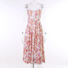 Flower print ruched self tie sleeveless contrast slit zip-up midi dress