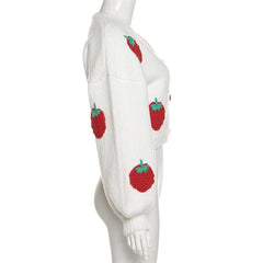 Button long sleeve v neck knitted strawberry applique cardigan top